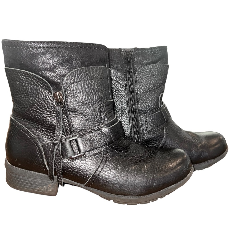 Clarks Black Booties with Tassel on zipper - buckle strap over foot, stylish